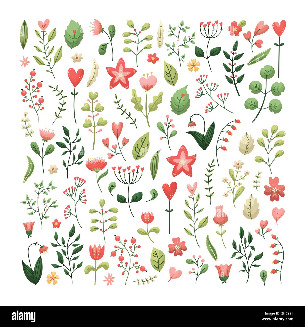 Vector set of flowers and plants for Valentine's Day in the flat style Stock Vector