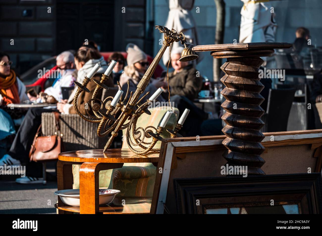 Old, vintage exhibits layed on the antique furniture as part of the