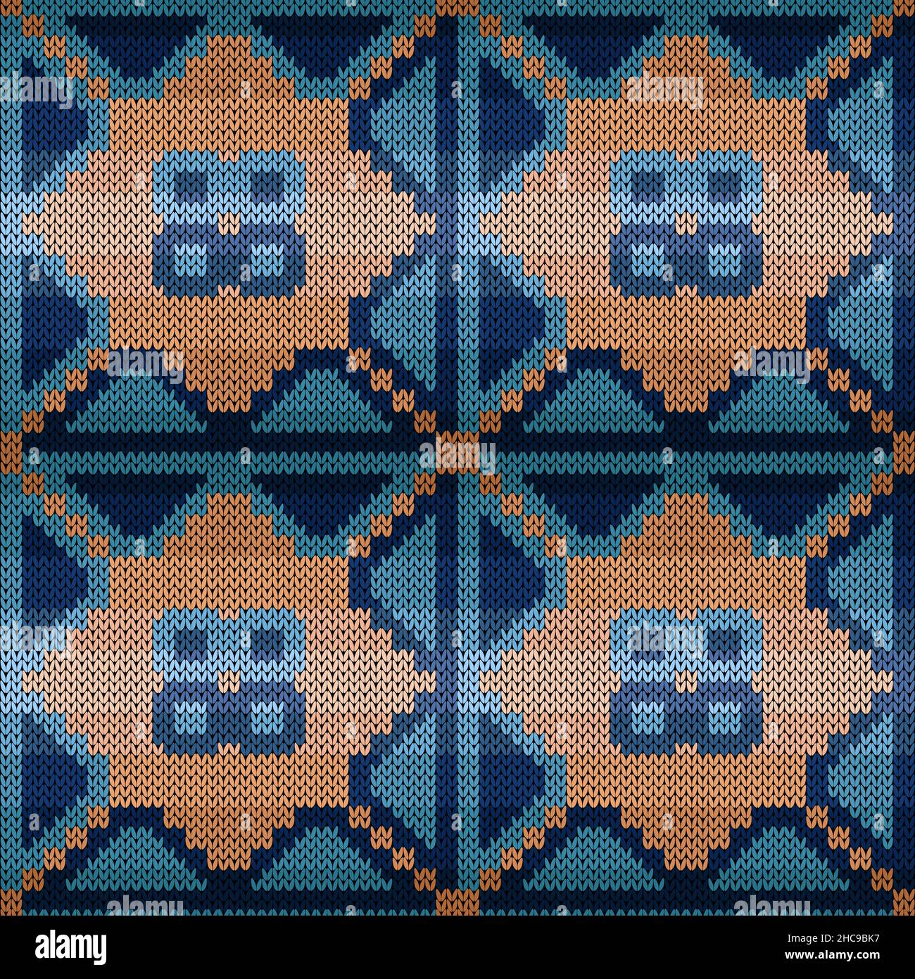 Ornamental knitting seamless vector pattern in muted blue and orange
