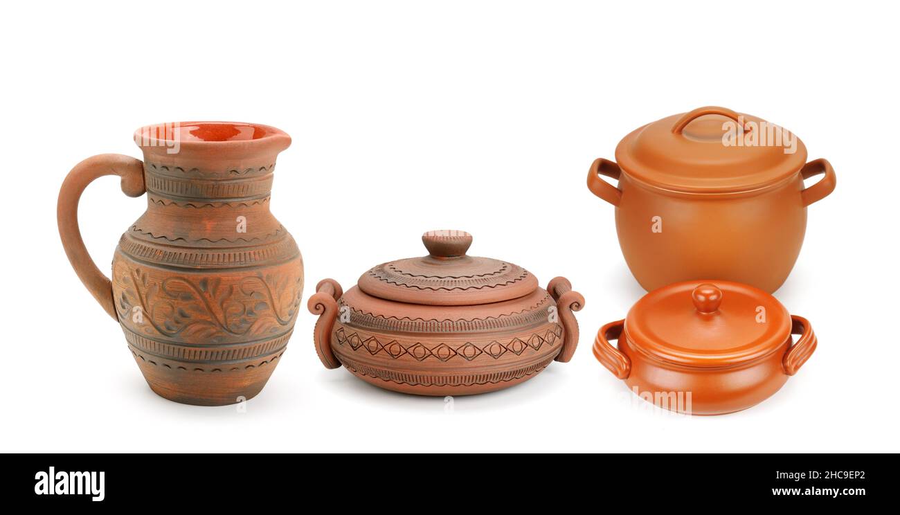 Set of old ceramic kitchen tools retro equipment of cooking isolated