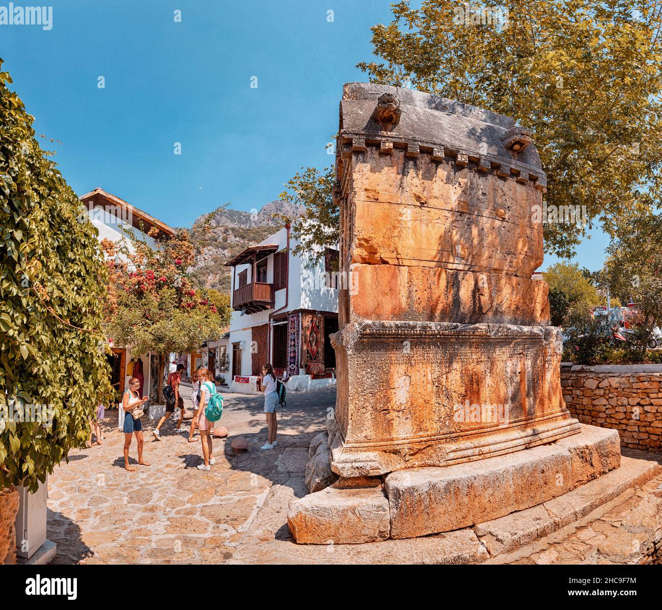 28 August 2021, Kas, Turkey: Lycian tomb on the streets of the tourist town of Kas. Stock Photo