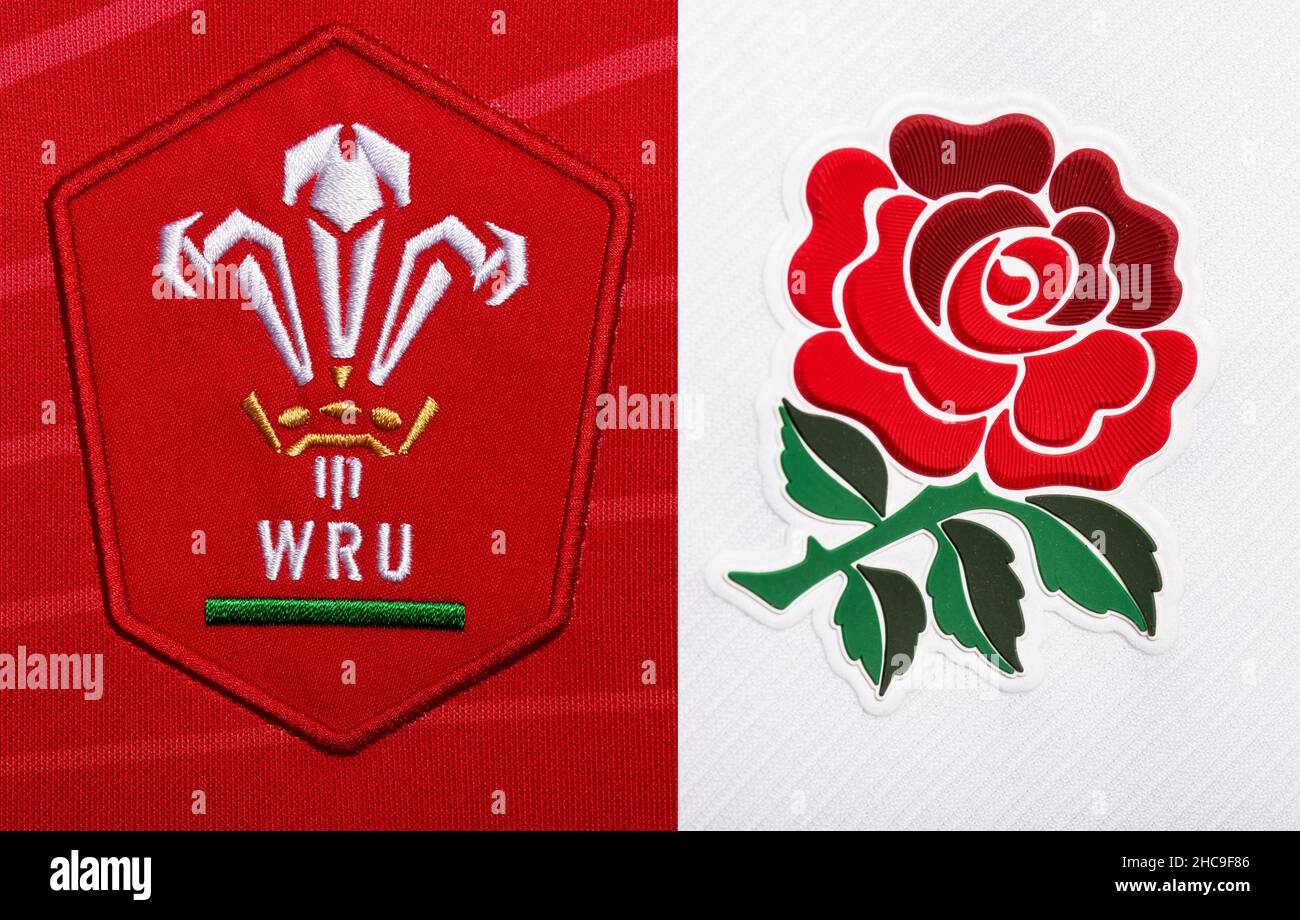Close up of Wales and England Rugby Union jersey Stock Photo