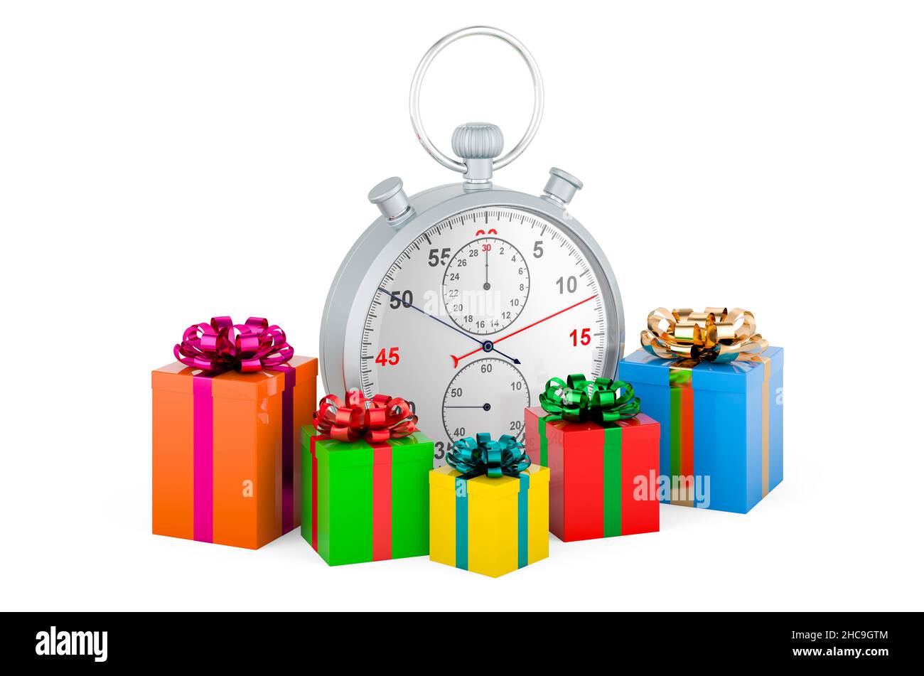 Stopwatch with gift boxes, 3D rendering isolated on white background
