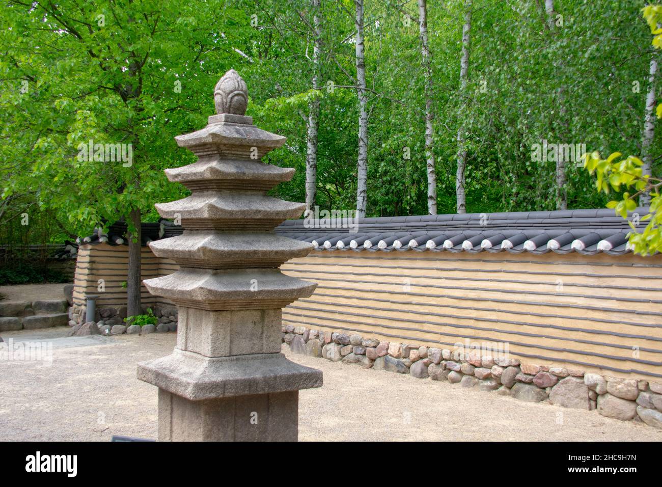 Landscape of fountain in Korean garden in Garten der Welt Marzahn