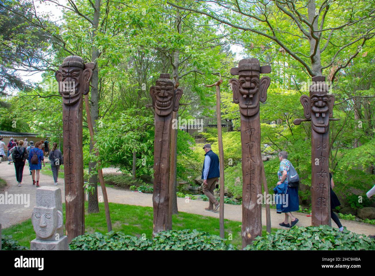 Landscape of statues in Korean garden in Garten der Welt Marzahn Berlin