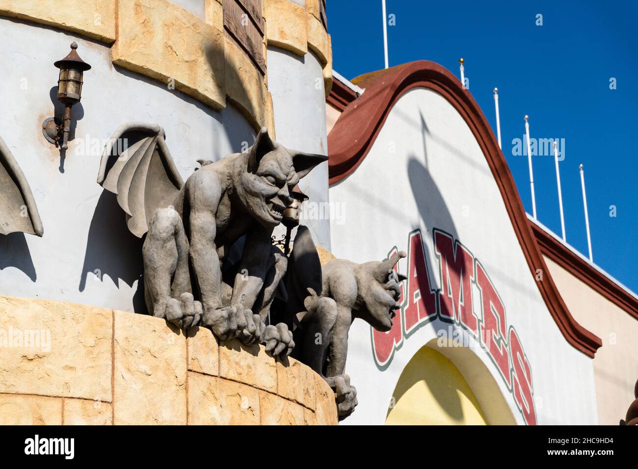 Close up shot of gargoyle of the haunted House attraction in Santa Cruz Boardwalk, California USA Stock Photo