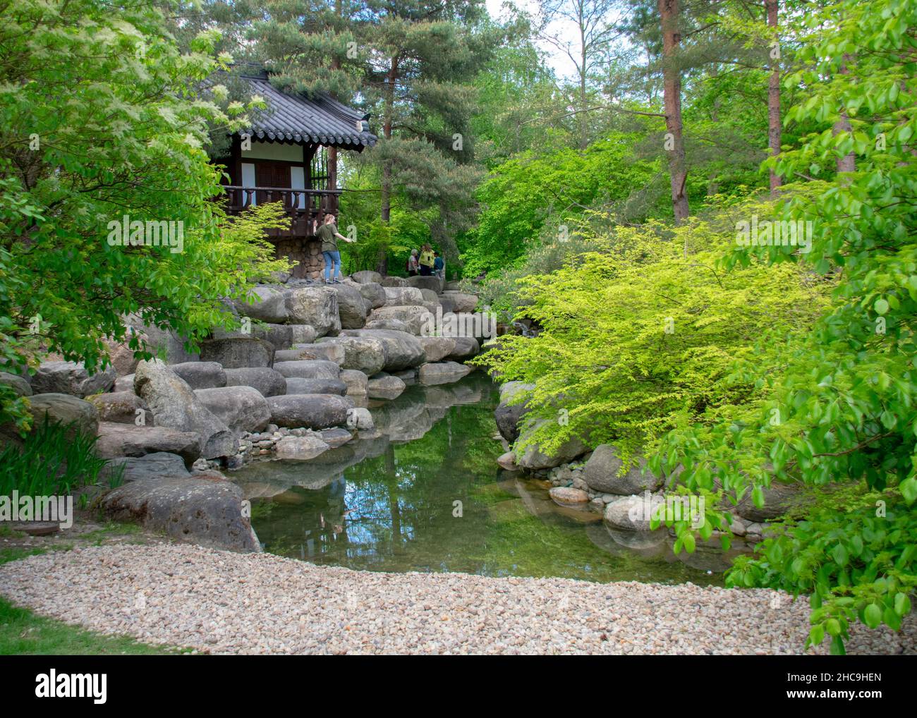 Landscape of zen river in Korean garden in Garten der Welt Marzahn