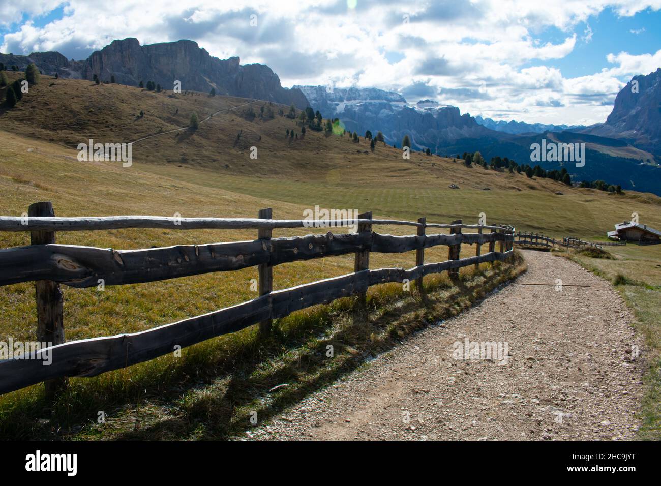 Hiking Dolomites in European Alps. Shot in summer with green grass and no snow. Gardena Pass, Italy Stock Photo