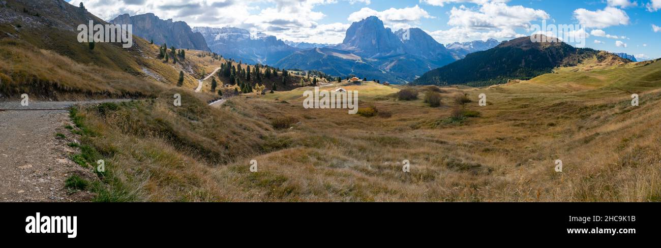 Hiking Dolomites in European Alps. Shot in summer with green grass and no snow. Gardena Pass, Italy Stock Photo