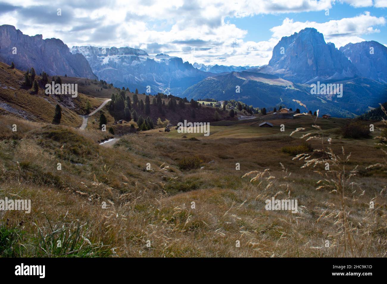 Hiking Dolomites in European Alps. Shot in summer with green grass and no snow. Gardena Pass, Italy Stock Photo