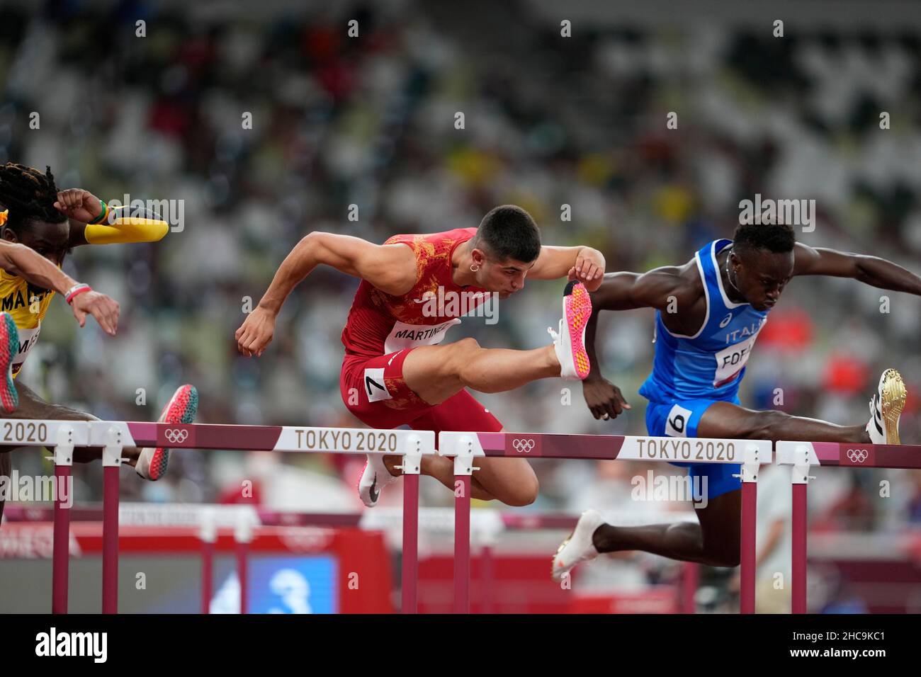 Asier Fernandez participating in the 110 meter hurdles at the 2020 Tokyo Olympics Stock Photo