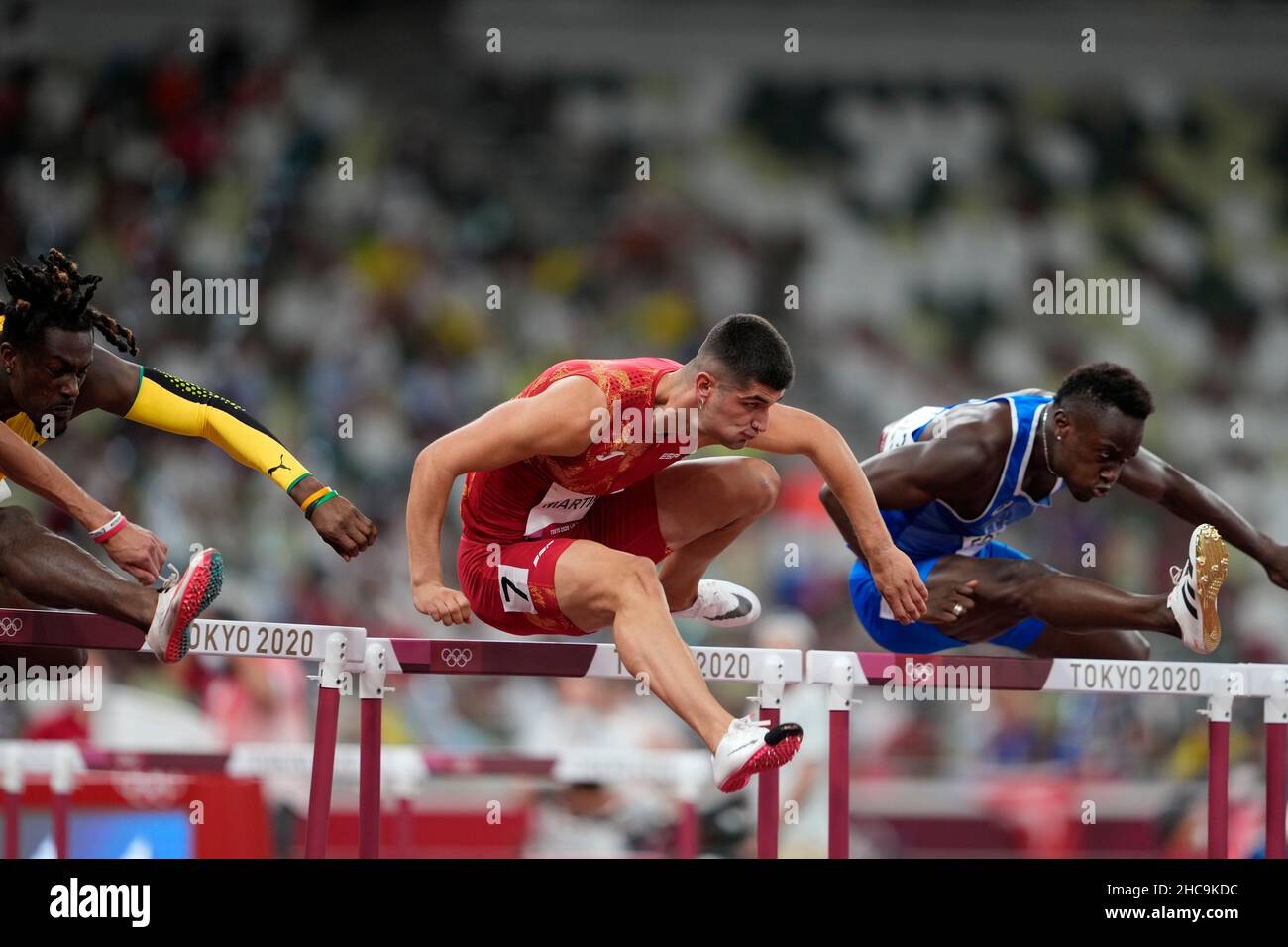 Asier Fernandez participating in the 110 meter hurdles at the 2020 Tokyo Olympics Stock Photo
