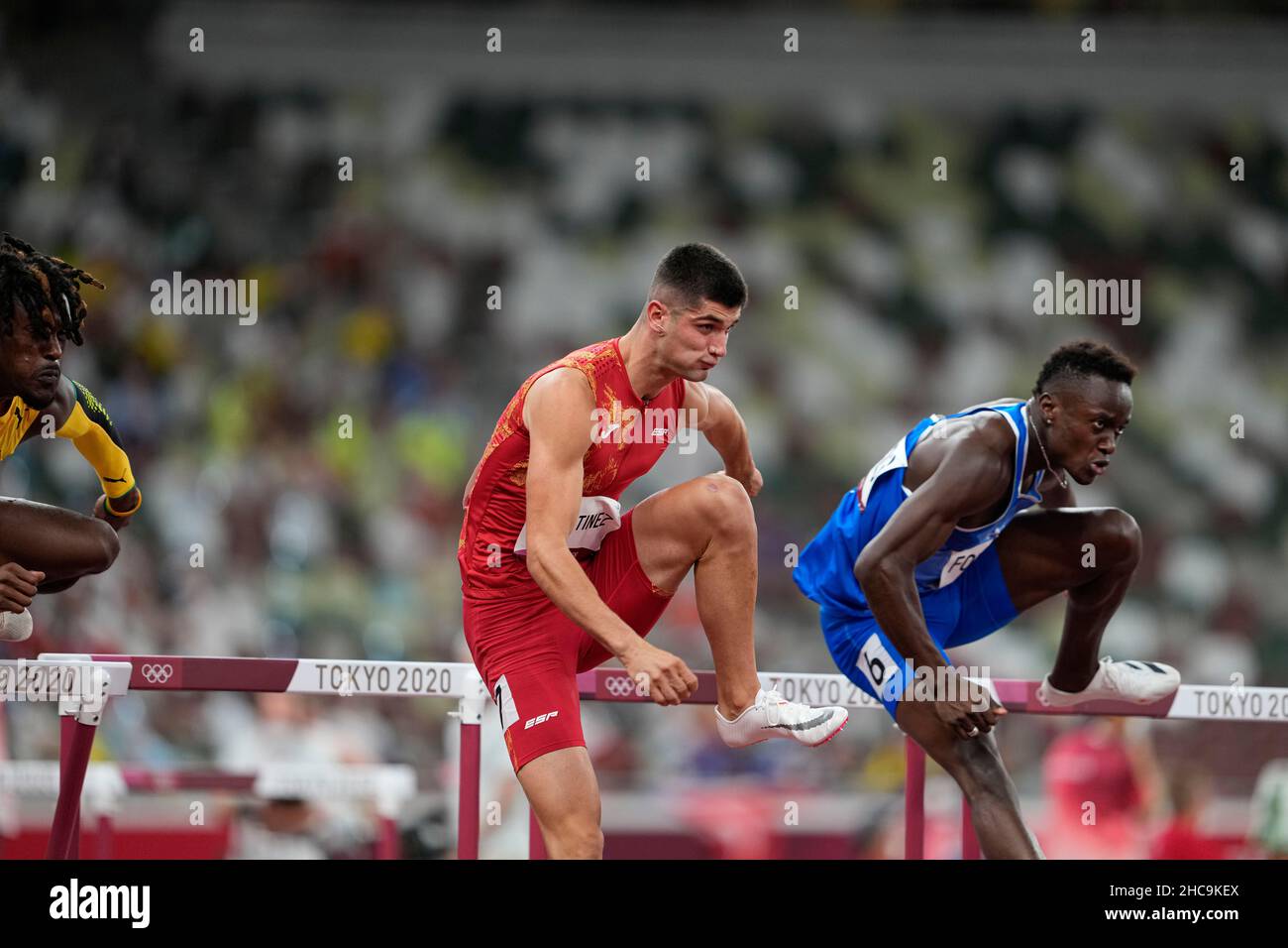 Asier Fernandez participating in the 110 meter hurdles at the 2020 Tokyo Olympics Stock Photo