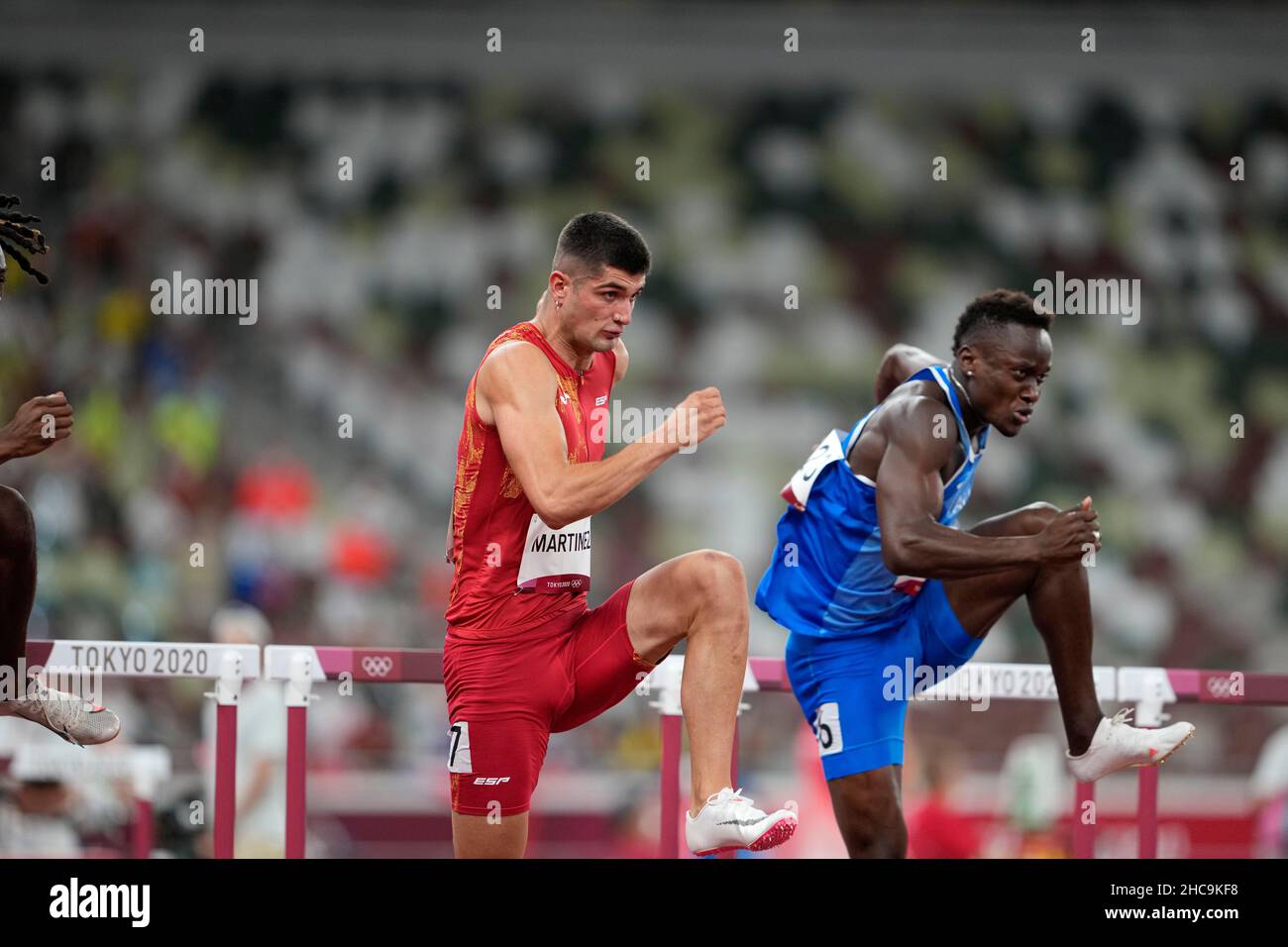 Asier Fernandez participating in the 110 meter hurdles at the 2020 Tokyo Olympics Stock Photo