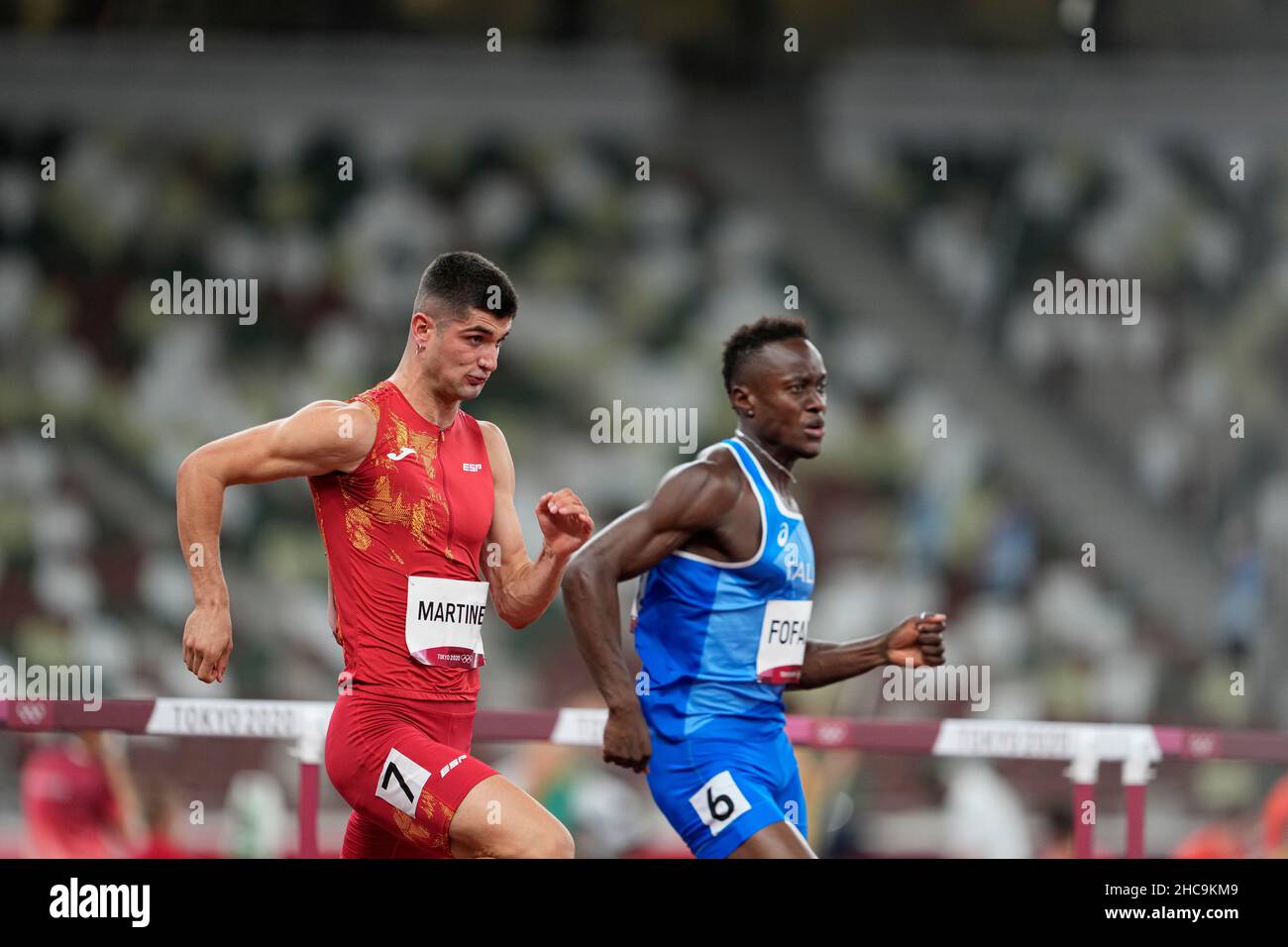 Asier Fernandez participating in the 110 meter hurdles at the 2020 Tokyo Olympics Stock Photo