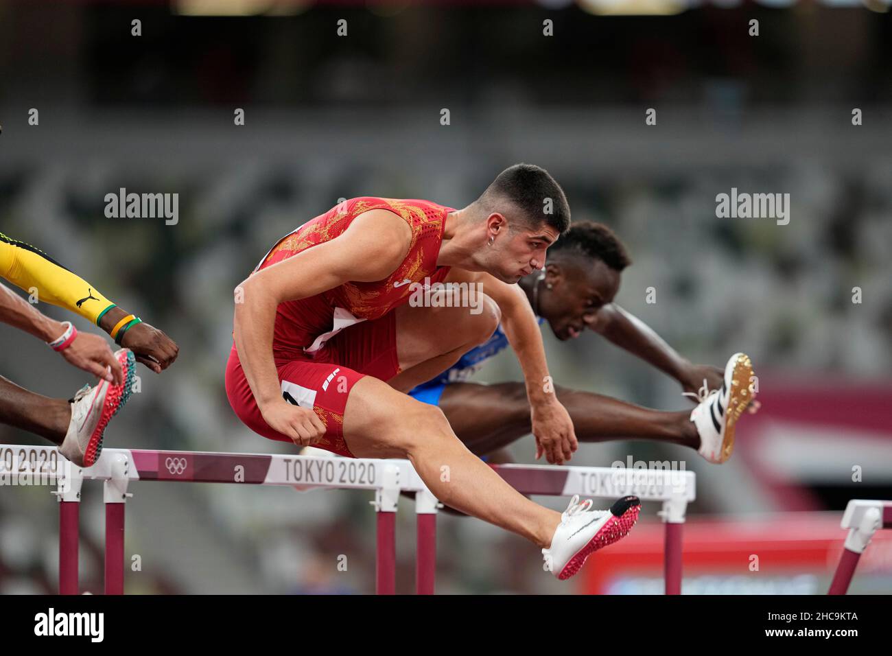 Asier Fernandez participating in the 110 meter hurdles at the 2020 Tokyo Olympics Stock Photo