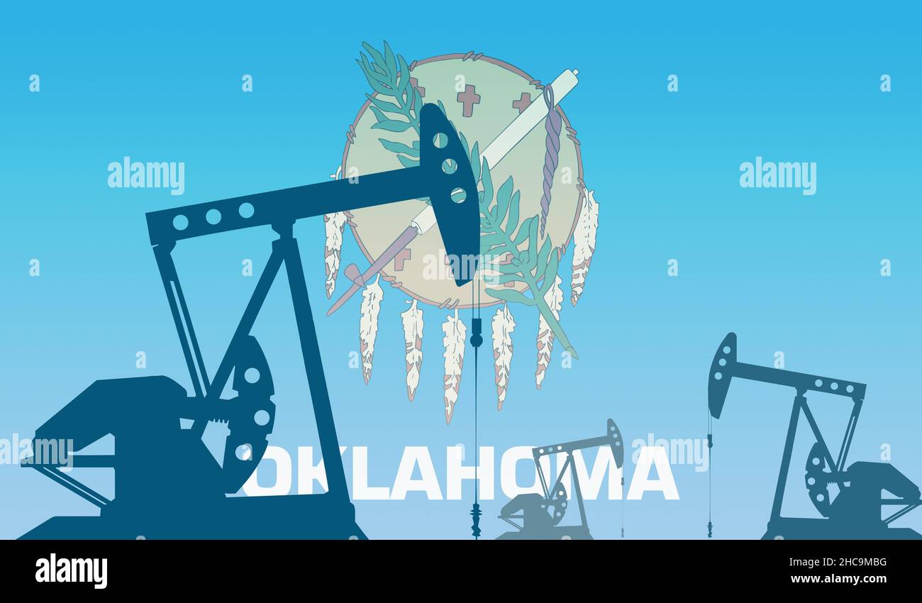 silhouette of oil pump against flag of Oklahoma state USA. Extraction