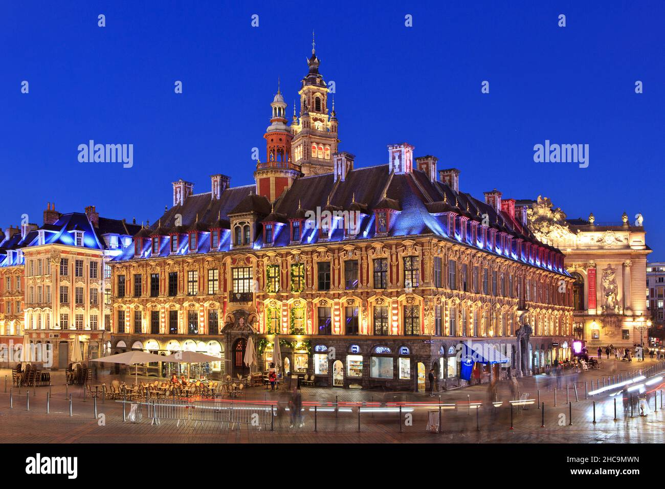 The Old Stock Market (1653), the belfry of the Chamber of Commerce (1910-1921) and Opera (1923) in Lille (Nord), France Stock Photo