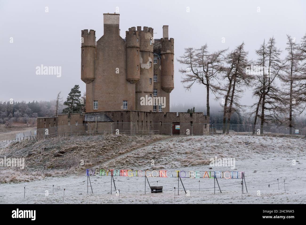The Colourful Neon Artwork at Braemar Castle Provides a Reassuring and Uplifting Message in an Austere Setting on a Cold Winter Morning Stock Photo