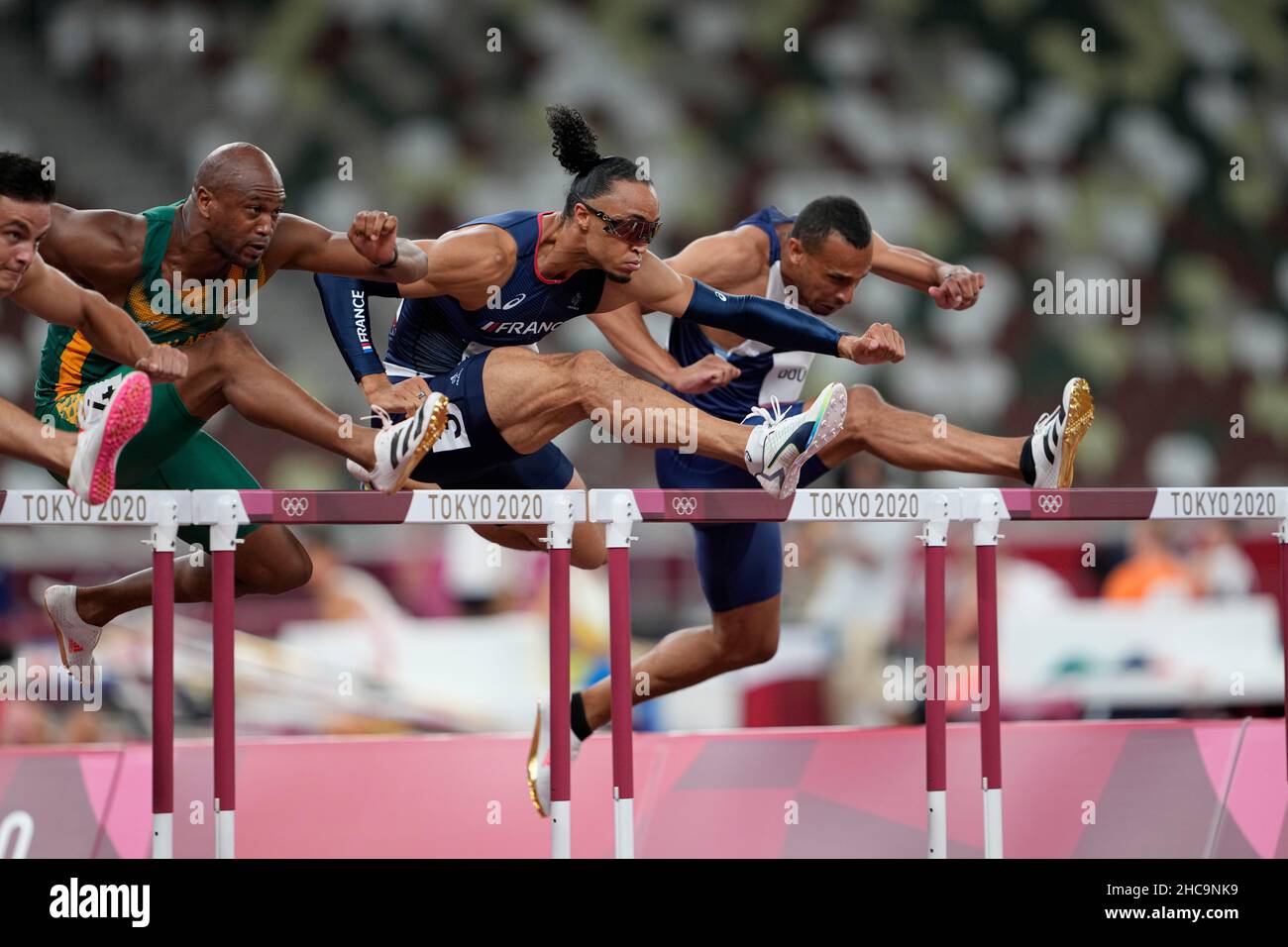 Pascal MartinotLagarde participating in the 110 meter hurdles at the 2020 Tokyo Olympics Stock