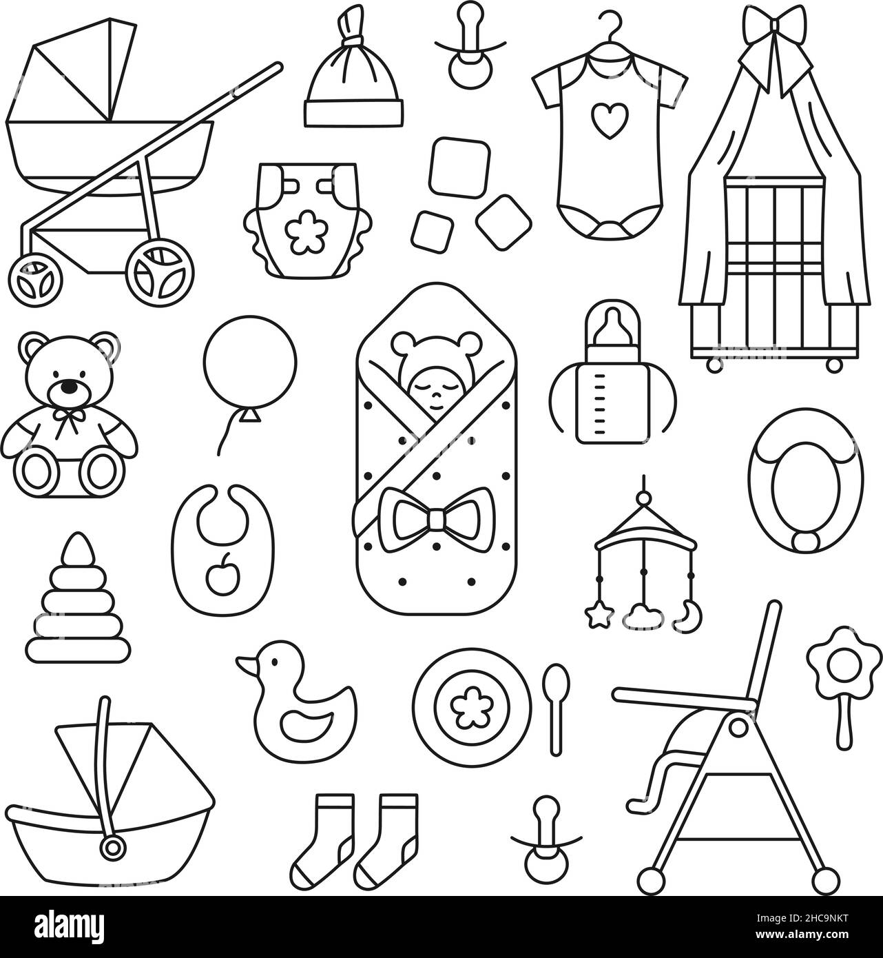 Newborn baby accessories thin line objects set Stock Vector Image & Art