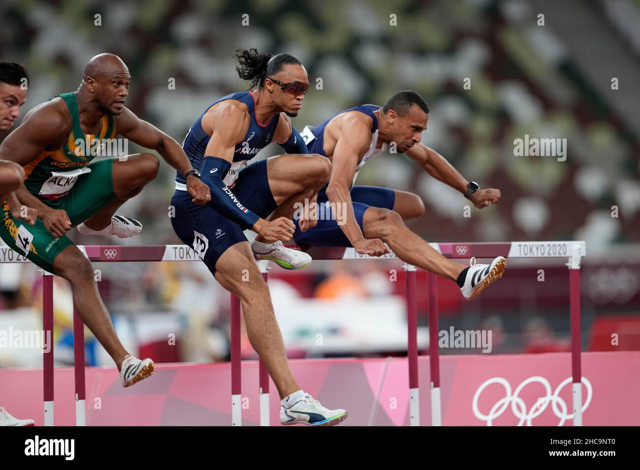 Pascal MartinotLagarde participating in the 110 meter hurdles at the 2020 Tokyo Olympics Stock