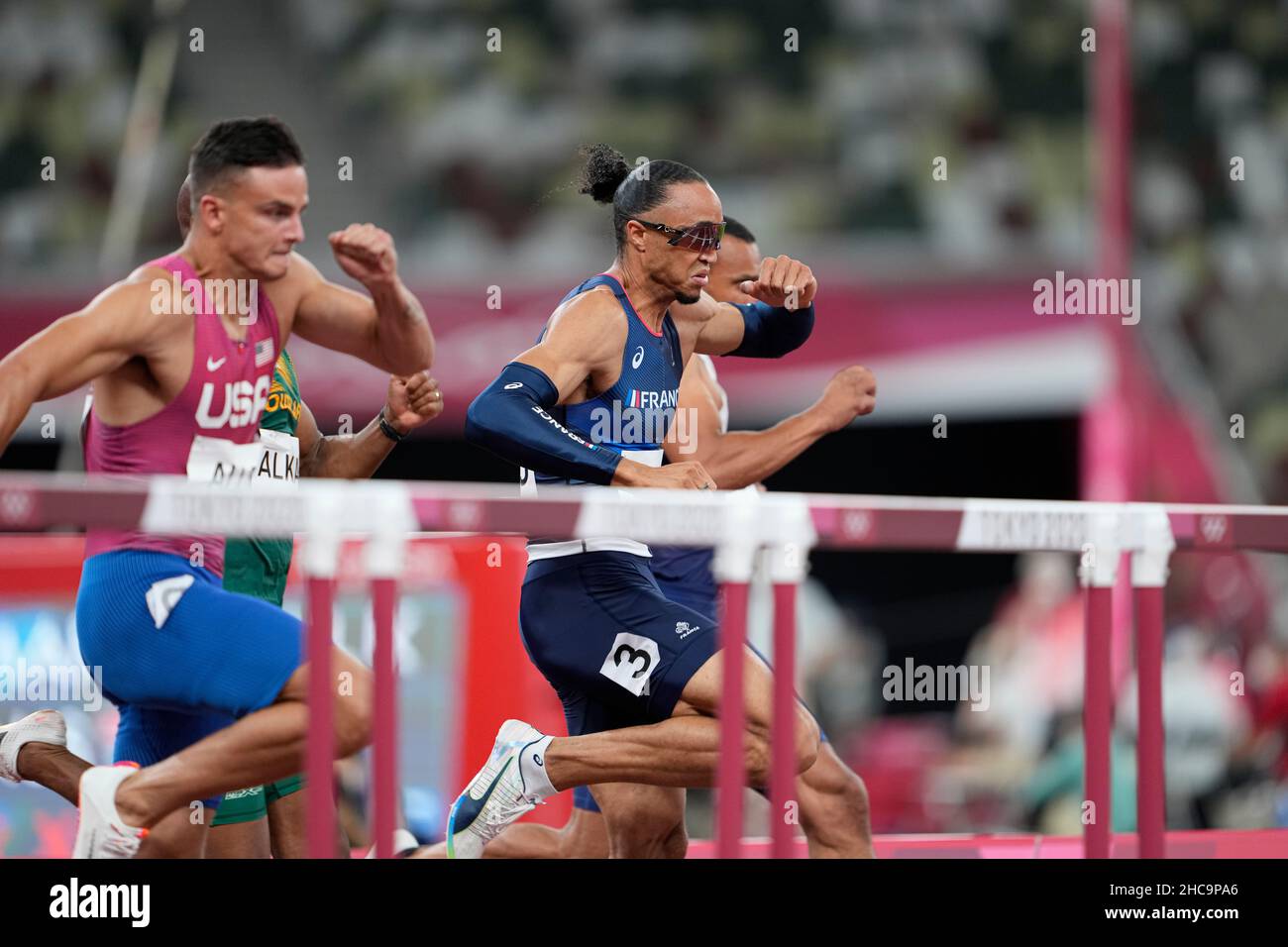 Pascal MartinotLagarde participating in the 110 meter hurdles at the 2020 Tokyo Olympics Stock