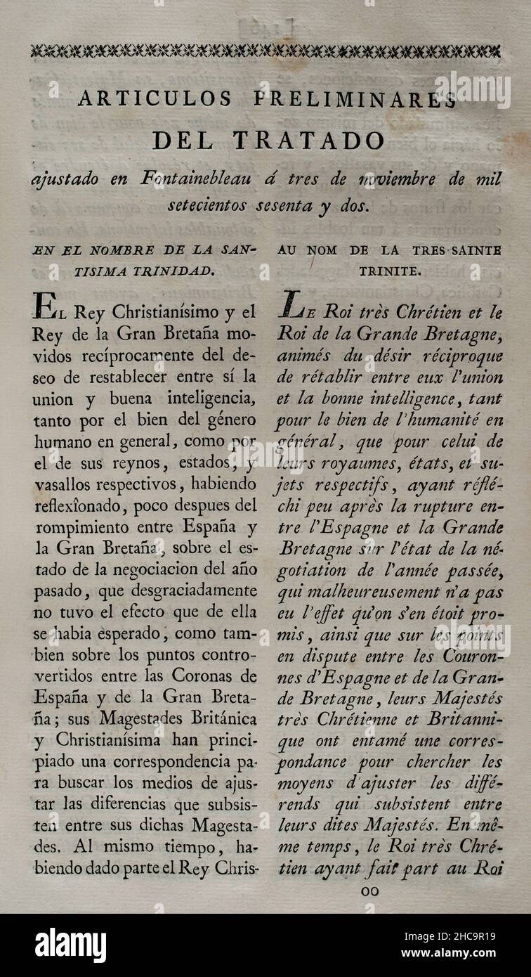 Preliminary articles of the Treaty concluded at Fontainebleau on 3 November 1762 between the kingdoms of France and Spain. France ceded to Spain the historic North American territory of Louisiana, one of the administrative divisions of New France (the area colonised by France in North America). Collection of the Treaties of Peace, Alliance, Commerce adjusted by the Crown of Spain with the Foreign Powers (Colección de los Tratados de Paz, Alianza, Comercio ajustados por la Corona de España con las Potencias Extranjeras). Volume III. Madrid, 1801. Historical Military Library of Barcelona, Catalo Stock Photo