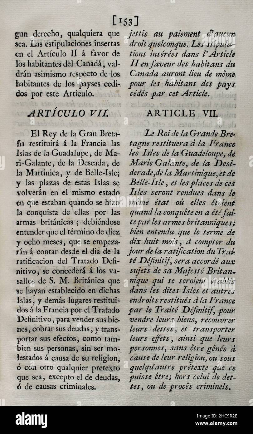 Preliminary articles of the Treaty concluded at Fontainebleau on 3 November 1762 between the kingdoms of France and Spain. France ceded to Spain the historic North American territory of Louisiana, one of the administrative divisions of New France (the area colonised by France in North America). Article VII (on the restitution to France by Great Britain of the islands of Guadeloupe, Marie-Galante, La Désirade, Martinique and Belle-Ile). Collection of the Treaties of Peace, Alliance, Commerce adjusted by the Crown of Spain with the Foreign Powers (Colección de los Tratados de Paz, Alianza, Comer Stock Photo