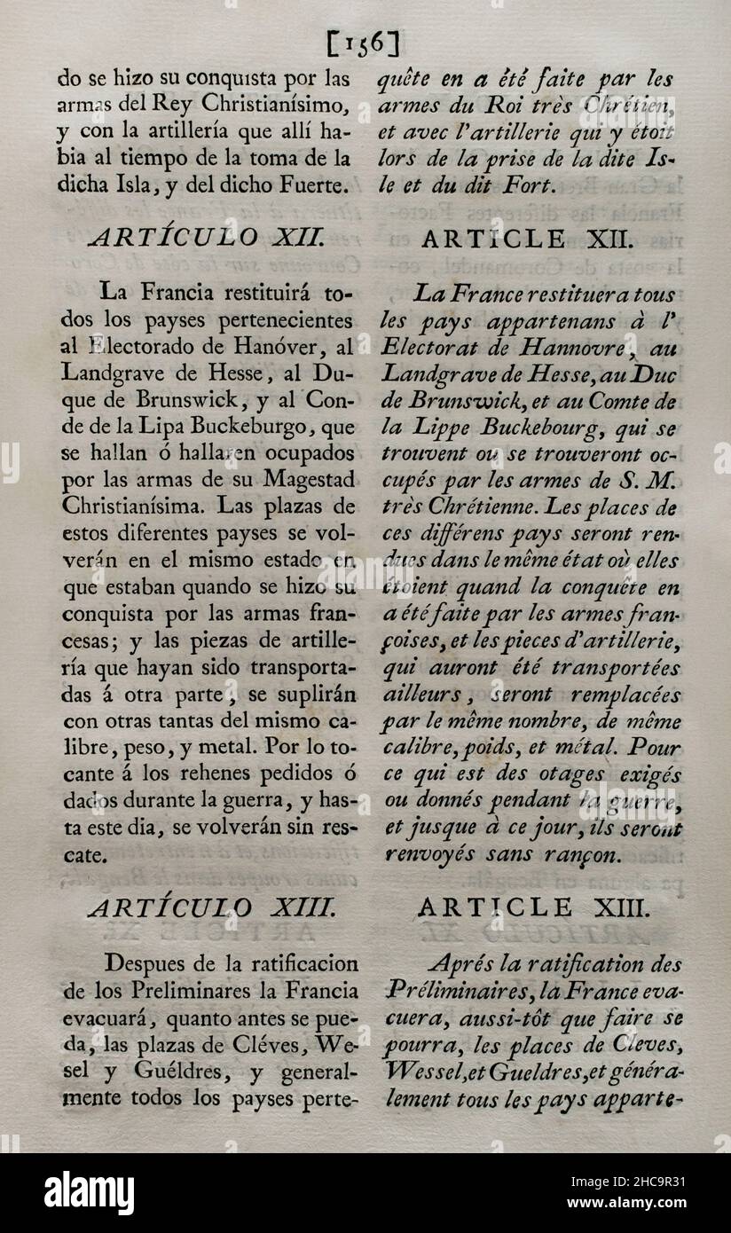 Preliminary articles of the Treaty concluded at Fontainebleau on 3 November 1762 between the kingdoms of France and Spain. France ceded to Spain the historic North American territory of Louisiana, one of the administrative divisions of New France (the area colonised by France in North America). Article XII (France must restitute all the countries belonging to the Electorate of Hanover, to the Landgraviate of Hesse, the Duke of Brunswick and Count of Schaumburg-Lippe-Bückeburg). Collection of the Treaties of Peace, Alliance, Commerce adjusted by the Crown of Spain with the Foreign Powers (Colec Stock Photo