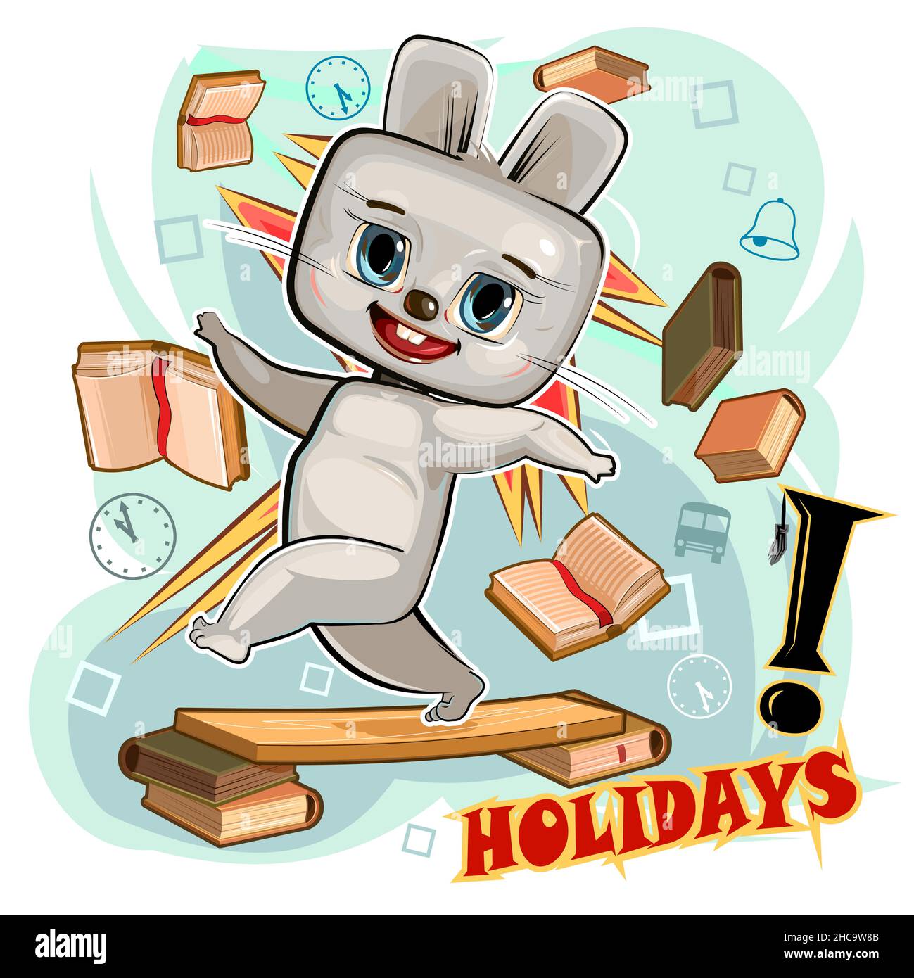 Little Hare. Young cub. Cute child scatters books. He enjoys holidays and weekends. Cartoon style. Illustration for children. Isolated on white backgr Stock Vector