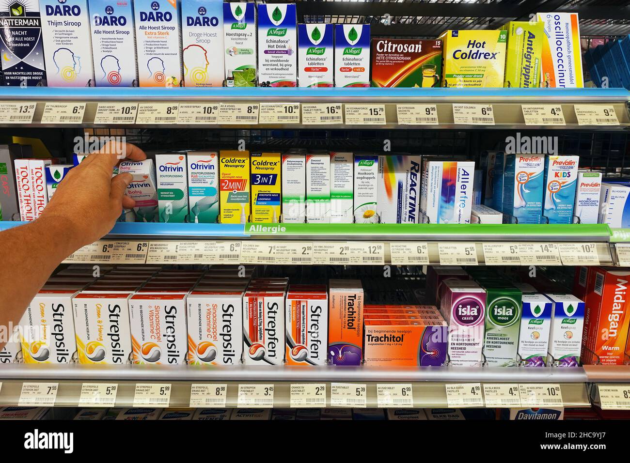 Over-the-counter drugs in a supermarket Stock Photo