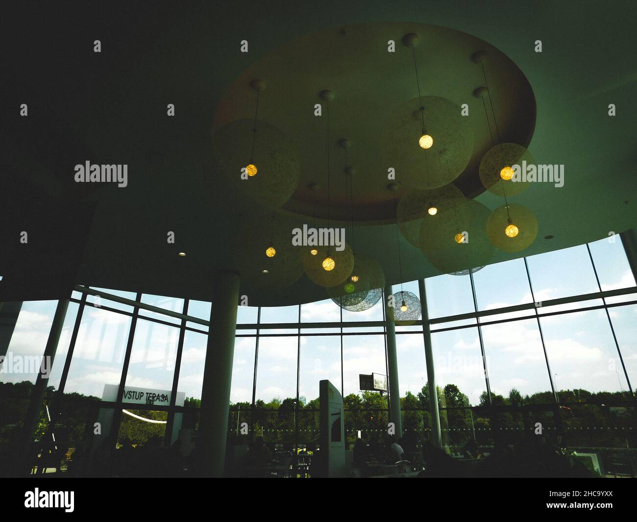 Interior view of lights hanging on the ceiling in a shopping mall Stock Photo