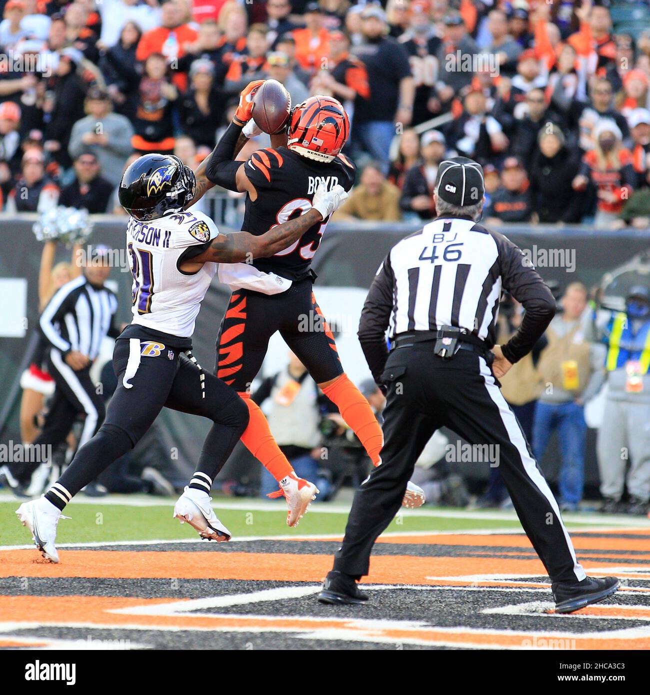 Cincinnati, Ohio, USA. 26th Dec, 2021. Cincinnati Bengals wide receiver  Tyler Boyd (83) touchdown reception over turned by replay booth at the NFL  football game between Baltimore Ravens and the Cincinnati Bengals