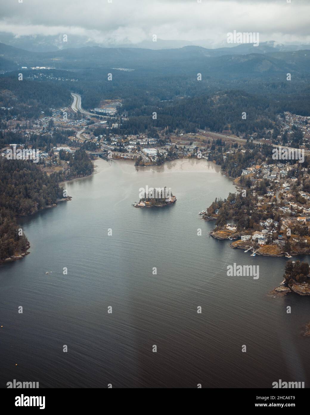 Vertical aerial shot of Victoria Harbor. British Columbia, Canada. Stock Photo