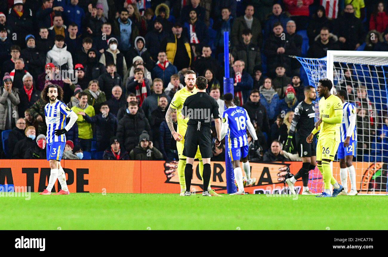 Brighton, UK. 26th Dec, 2021. Pontus Jansson of Brentford questions the referee during the Premier League match between Brighton & Hove Albion and Brentford at The Amex on December 26th 2021 in Brighton, England. (Photo by Jeff Mood/phcimages.com) Credit: PHC Images/Alamy Live News Stock Photo
