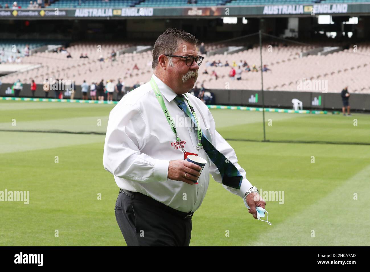 ICC match referee David Boon before the start of play during day two of the third Ashes test at the Melbourne Cricket Ground, Melbourne. Picture date: Monday December 27, 2021. Stock Photo