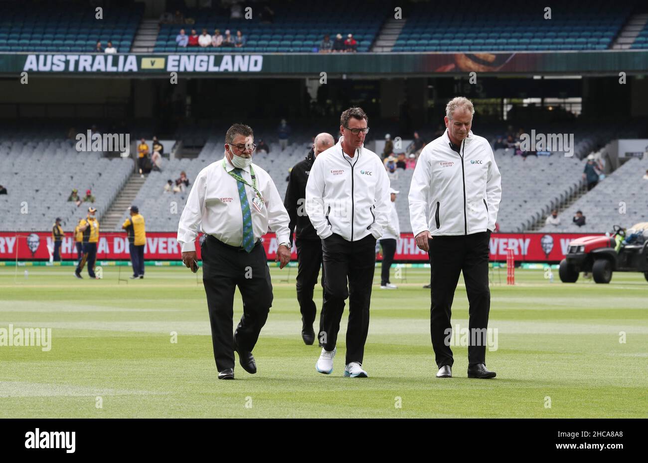 Match referee David Boon ( Left ) with umpires Rod Tucker and Paul Reifflel during day two of the third Ashes test at the Melbourne Cricket Ground, Melbourne. Picture date: Monday December 27, 2021. Stock Photo
