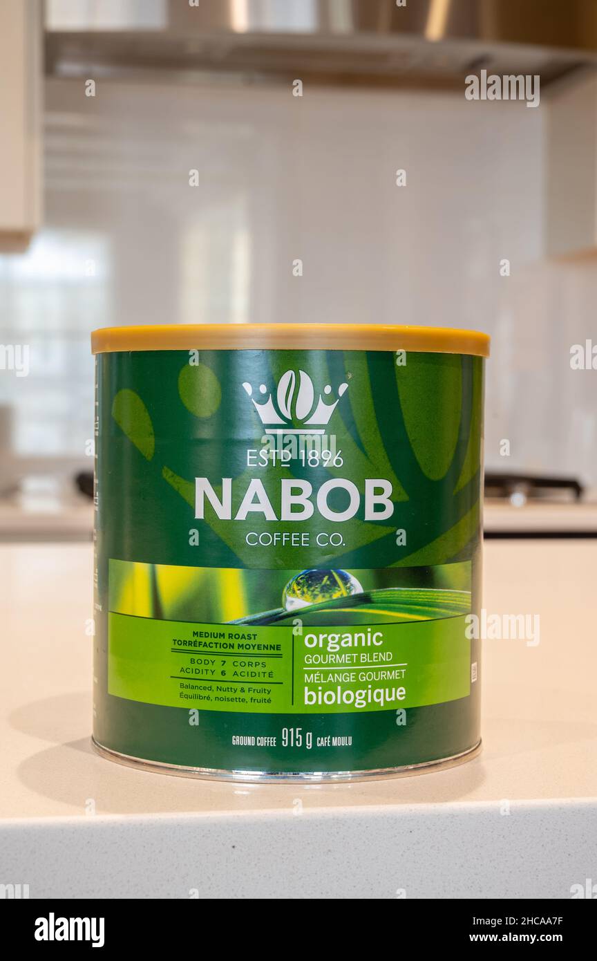 Calgary, Alberta - December 26, 2021: Tin of Nabob organic gourmet blend coffee Stock Photo