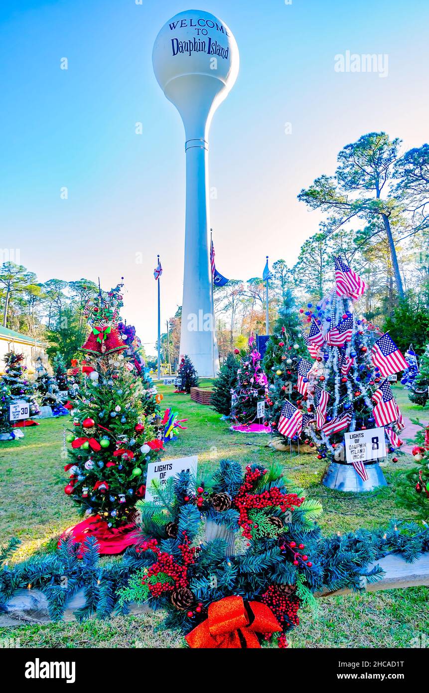 Christmas trees decorate Water Tower Plaza, Dec. 24, 2021, in Dauphin