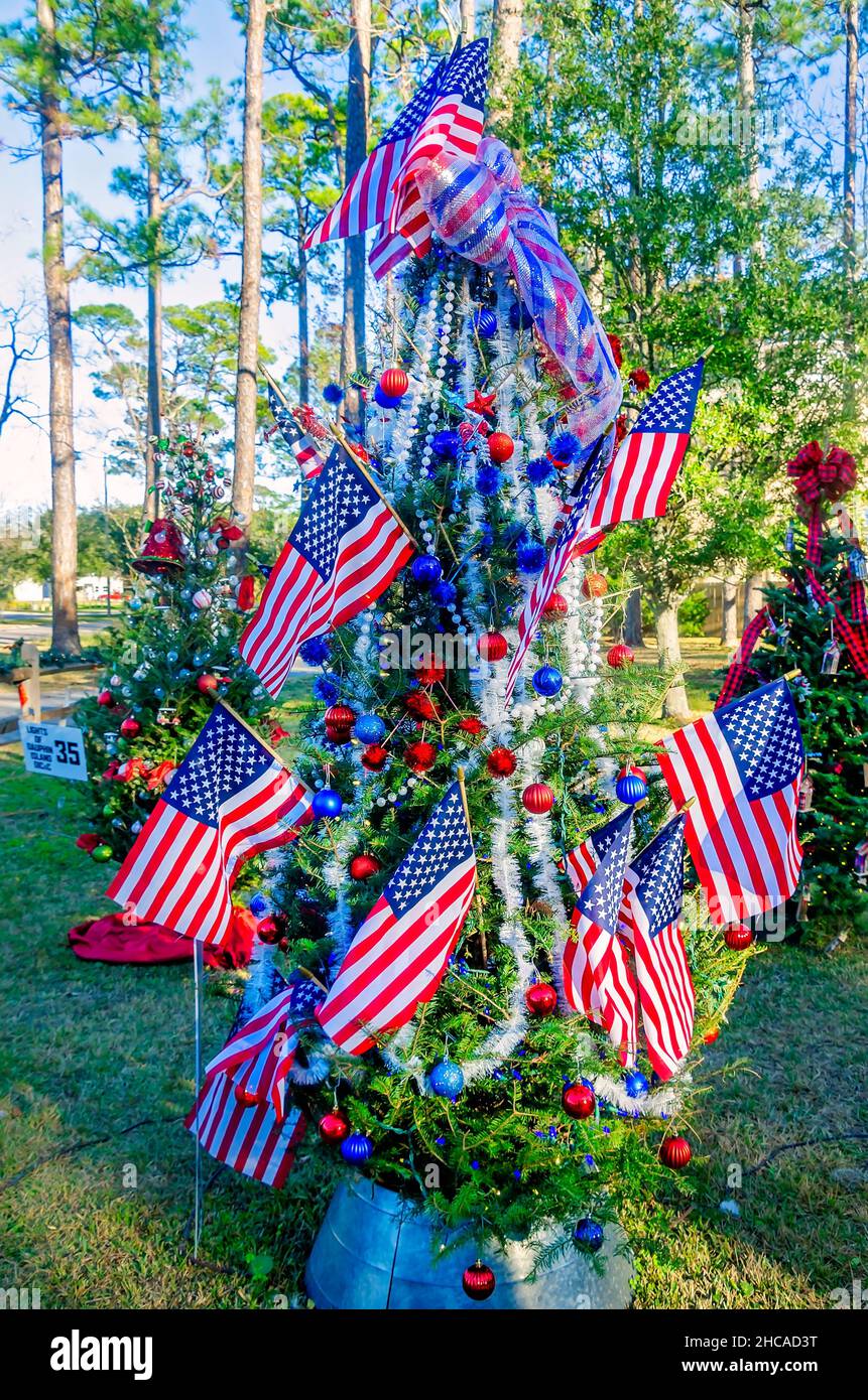 A Christmas tree features an American patriotic theme at Water Tower