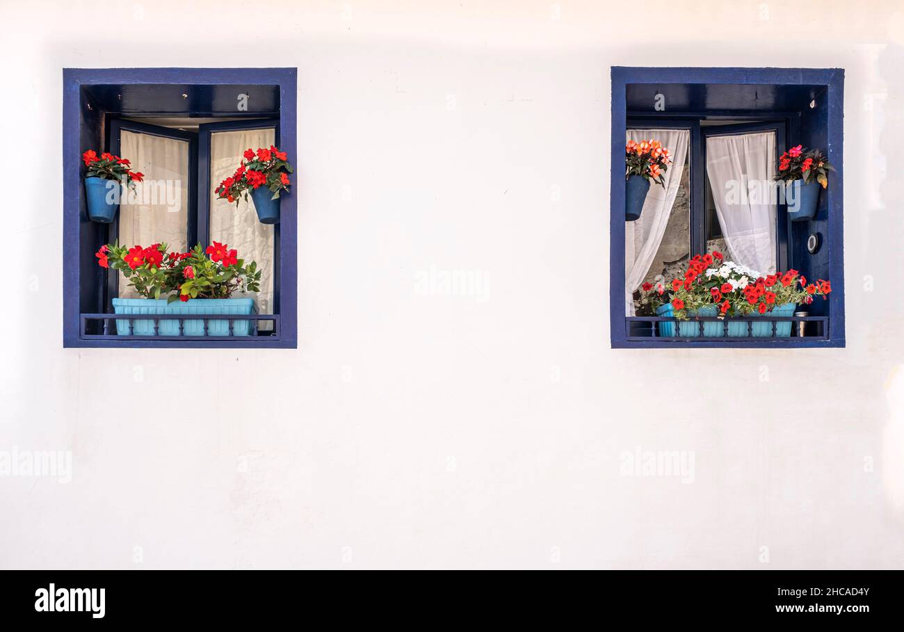 two blue windows decorated with flower pots with red flowers on a house with white walls, typical mediterranean village, copy space horizontal Stock Photo