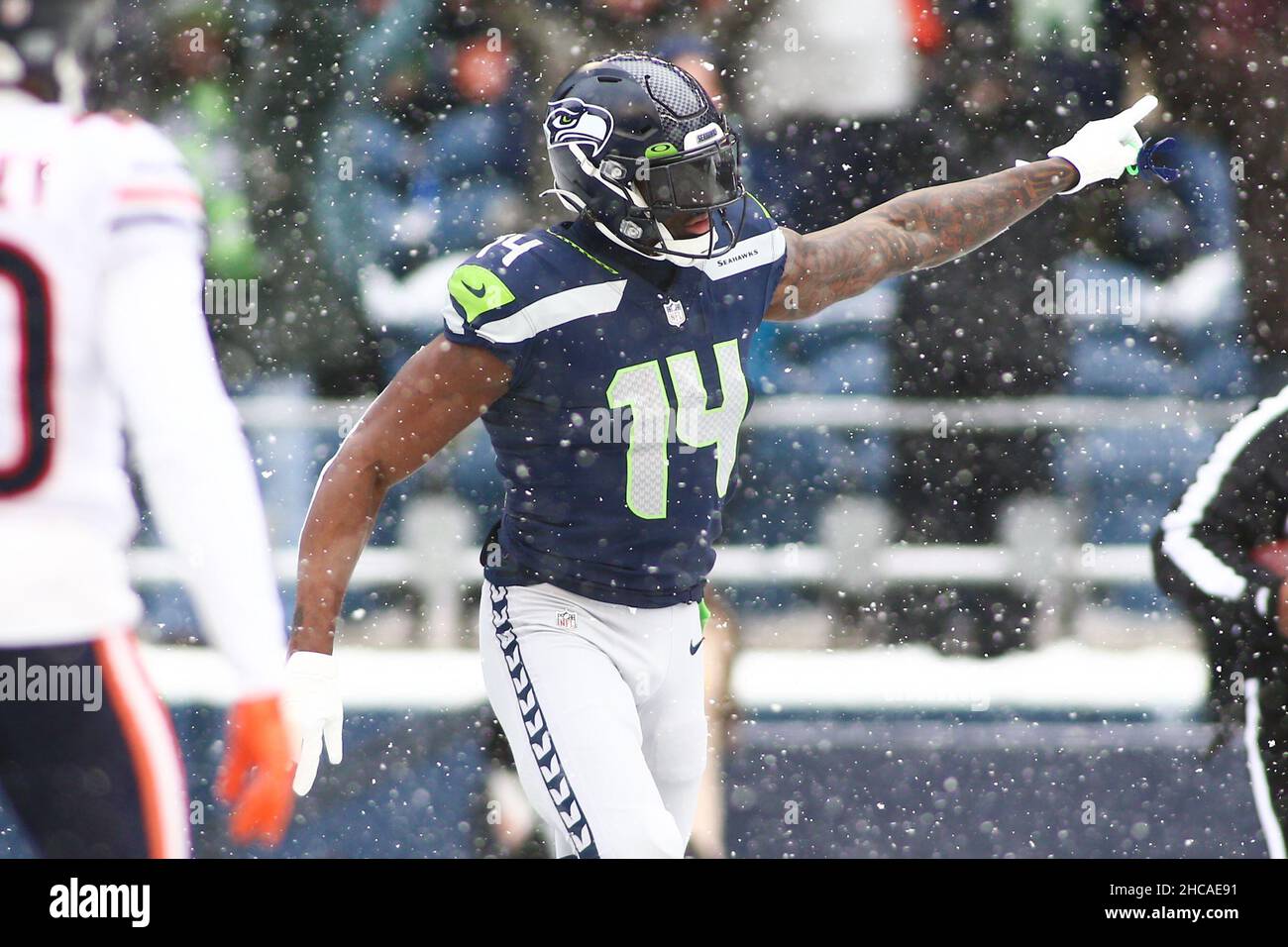 Seattle, WA, USA. 26th Dec, 2021. Seattle Seahawks wide receiver DK Metcalf  (14) celebrates a catch for a touchdown during a game between the Chicago  Bears and Seattle Seahawks at Lumen Field