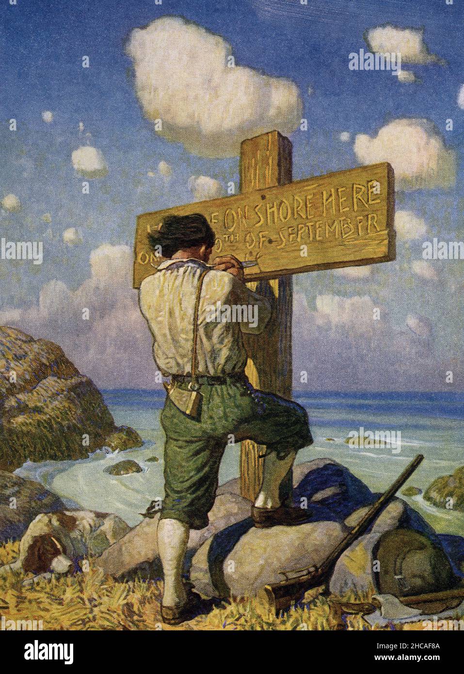 The caption for this image by NC Wyeth that accompanies the tale of Robinson Crusoe by Daniel Defoe reads: 'and making it into a great cross, I set it up on the shore where I first landed.' The captionRobinson Crusoe is a novel written by the English novelist Daniel Defoe and published in 1719. A fictional autobiography,  it tells the tale of an English castaway named  Robinson Crusoe (seen here with his father) who spent 28 years on a remote tropical island near Venezuela before he was rescued.  Newell Convers Wyeth, known as N. C. Wyeth, was an American artist and illustrator. He was the pup Stock Photo