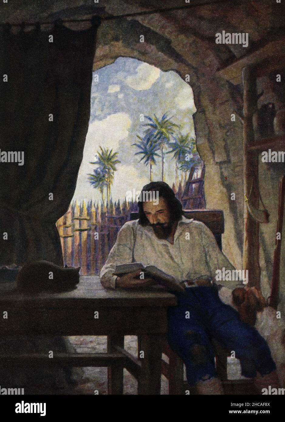 The caption for this image by NC Wyeth that accompanies the tale of Robinson Crusoe by Daniel Defoe reads: ' In the morning I took the Bible. and beginning at the New Testament I began seriously to read it.” Robinson Crusoe is a novel written by the English novelist Daniel Defoe and published in 1719. A fictional autobiography,  it tells the tale of an English castaway named  Robinson Crusoe (seen here with his dog and cat) who spent 28 years on a remote tropical island near Venezuela before he was rescued.  Newell Convers Wyeth, known as N. C. Wyeth, was an American artist and illustrator. He Stock Photo