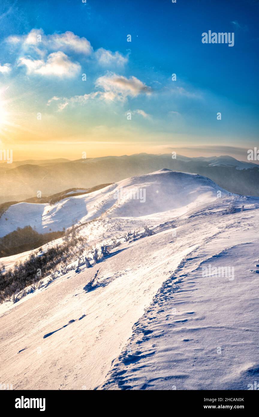 Winter in the mountain meadow. Polonina Carynska. Bieszczady National Park, the Carpathians, Poland. Stock Photo