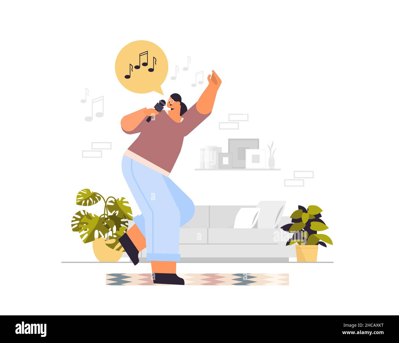 happy woman dancing and singing songs in microphone girl having fun