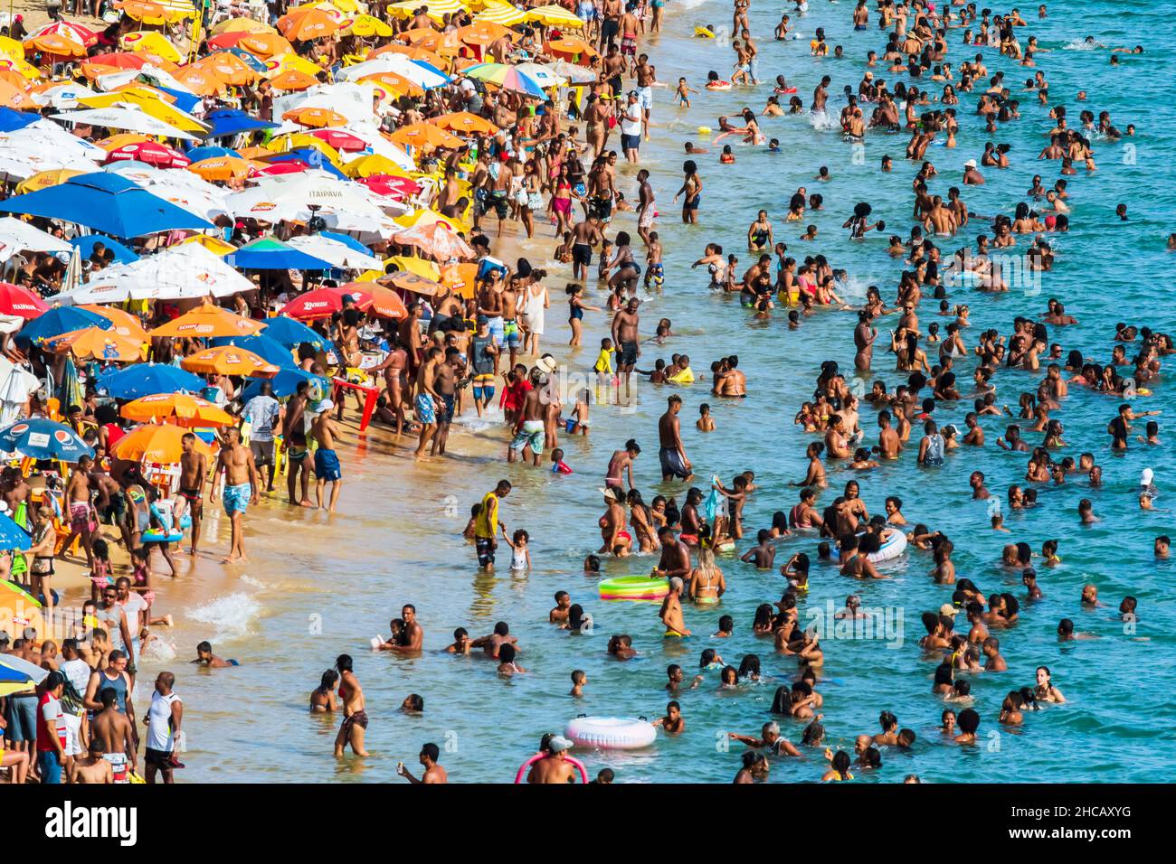 Salvador, Bahia, Brazil - January 06, 2019: Thousands of people on Boa Viagem beach in Salvador, in the Brazilian state of Bahia. Stock Photo