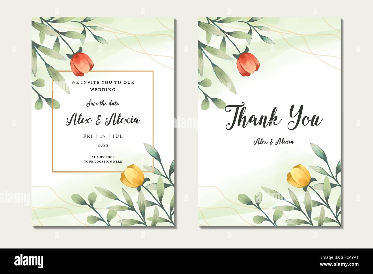 wedding invitation watercolor floral hand drawn. save the date, wedding template design. vector Stock Vector
