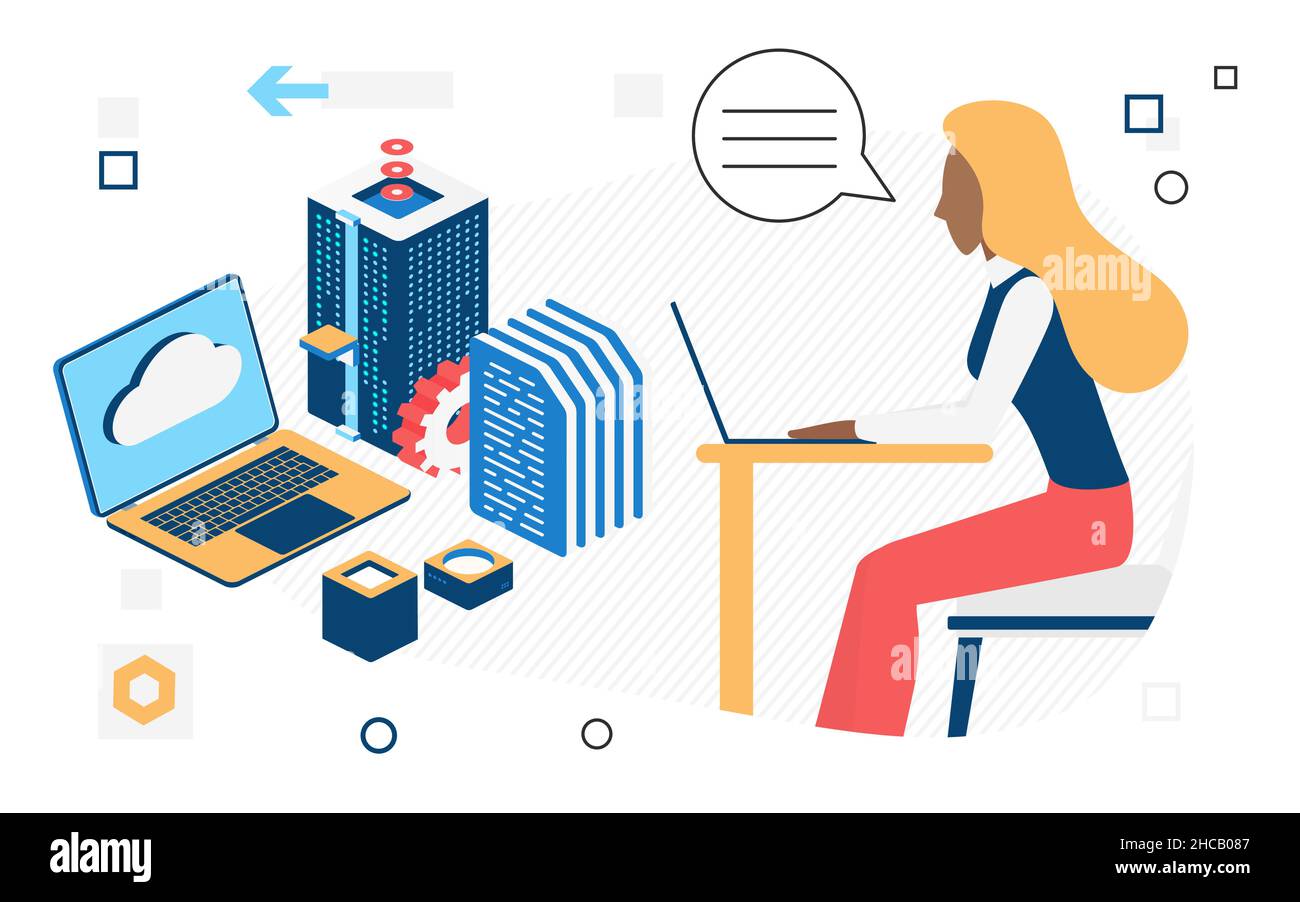 woman controls server, she moderates data in cloud storage